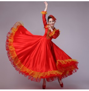 Red flamenco women's ladies female long sequins sleeves v neck opening chorus performance spanish dancing bull dance dresses outfits 